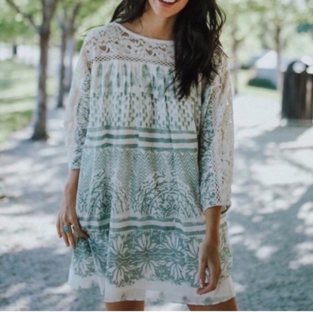 Free People Sun Daze NWT Sage Ivory Lace Panel Shift Printed Lined Tunic Dress S - Picture 2 of 8